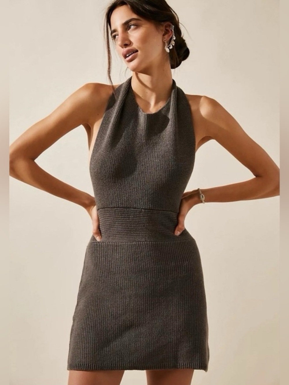 NEW Free People Beach Orchid Knit Mini Dress Gray Backless Halter Size Small - Picture 2 of 13